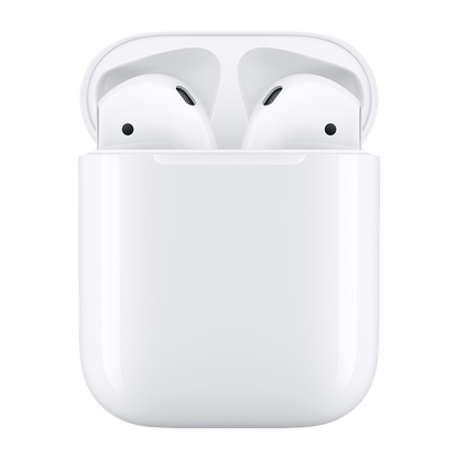 Image of Apple AirPods (2nd generation), showcasing their wireless earbud design and compact charging case. The AirPods are shown against a white background, highlighting their sleek appearance and magnetic charging contacts on the case