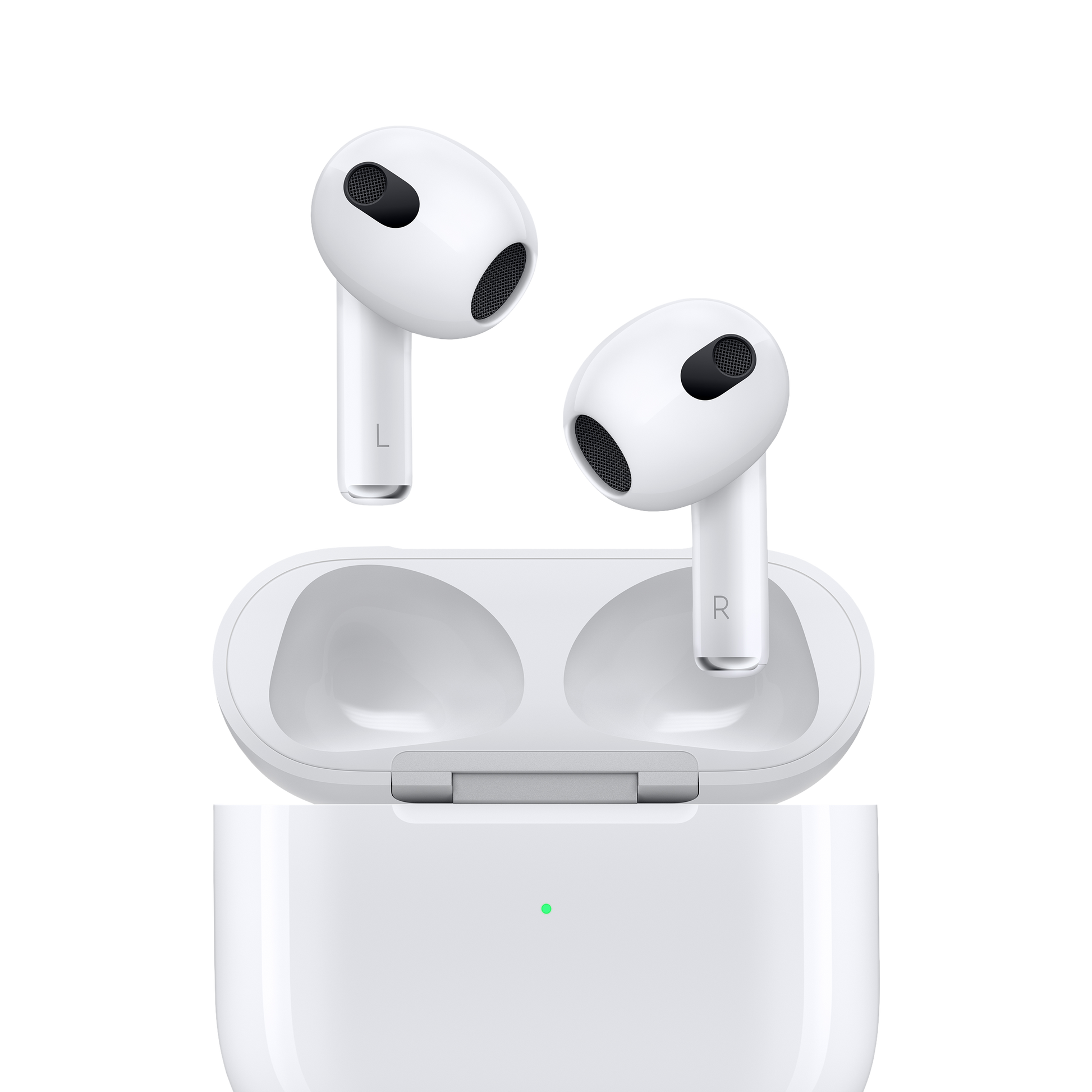 Image of Apple AirPods (3rd generation) with Lightning Charging Case, showcasing their wireless earbud design and compact charging case with Lightning connector. The AirPods are shown against a white background, highlighting their sleek appearance and magnetic charging contacts on the case