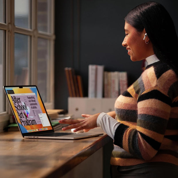 Image depicting various uses of the Apple MacBook Air, including professional work, creative tasks, entertainment, and communication. The laptop is shown in different scenarios, such as typing, video conferencing, photo editing, and streaming, highlighting its versatility and productivity capabilities.