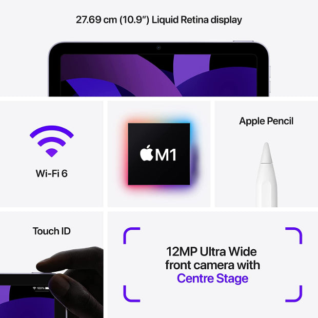 Illustration depicting the M1 chip, Apple's powerful processor featured in the iPad Air. The chip is shown as a compact, high-performance component, driving the tablet's advanced capabilities with efficiency and speed.