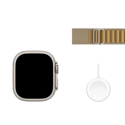 Apple Watch Ultra 2 (GPS + Cellular) , 49mm , Natural Titanium Case , Navy and Tan with  Band / Loop