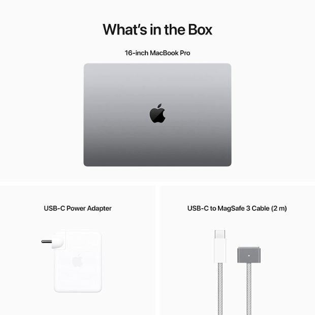 Image showcasing the contents of the Apple MacBook Pro box. The box includes the MacBook Pro laptop, charging cable, power adapter, user manual, and any additional accessories, ensuring users have everything they need to start using their new device.