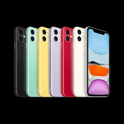 Image showing colours available for iphone 11.iphone 11 black, iphone 11 green, iphone 11 yellow, iphone 11 purple, iphone 11 red, iphone 11 white 