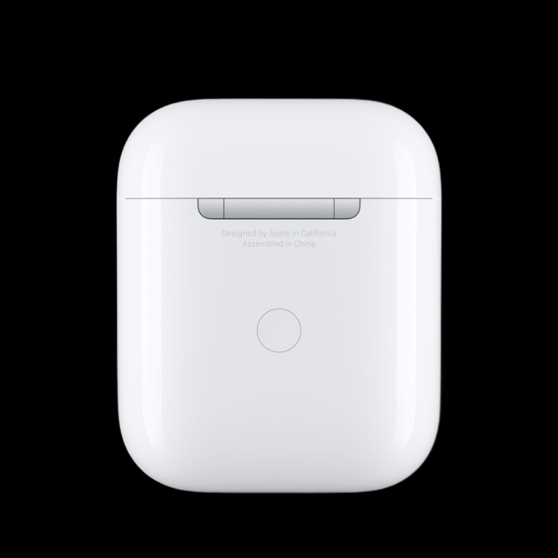 Image of the closed charging case for Apple AirPods, showcasing its sleek and compact design. The case is shown from the front, highlighting its smooth surface and the Apple logo on the lid