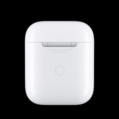 Image of the closed charging case for Apple AirPods, showcasing its sleek and compact design. The case is shown from the front, highlighting its smooth surface and the Apple logo on the lid