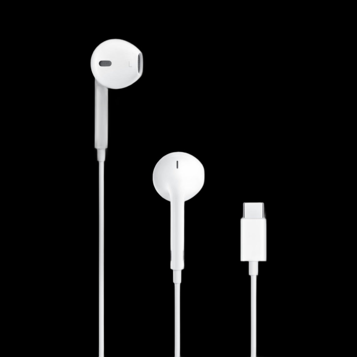 Close-up image of the USB-C connector on the Apple EarPods, showing its small size and precise design. The connector is positioned at the end of the wire, allowing for easy and secure connection to devices with USB-C ports.