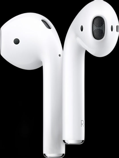 Close-up image of the Apple AirPods, highlighting their sleek and compact design. The AirPods are shown from a close distance, emphasizing their wireless earbud style and smooth, rounded shape.