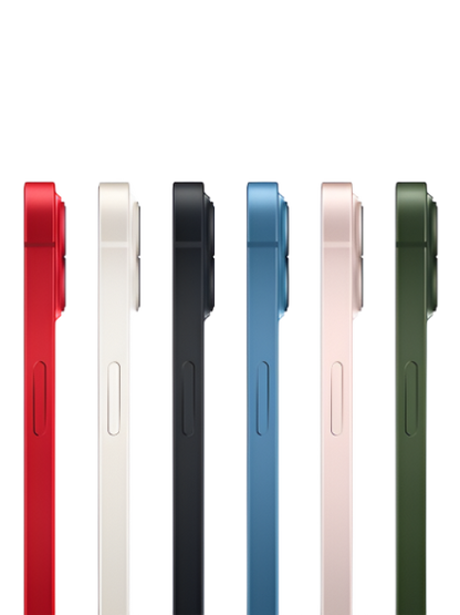 iphone 13 color options showing iphone 13 red, iphone13 white, iphone 13 black, iphone 13 blue, iphone 13 pink, iphone 13 green from side profile