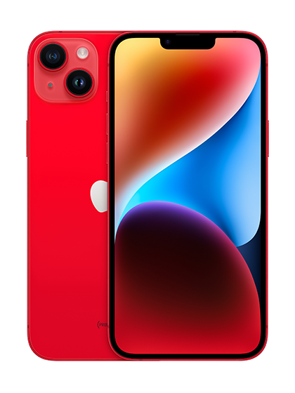 Close-up image of the iPhone 14 Plus in bold Red color, showcasing its sleek design and vibrant hue. The phone is displayed at an angle, highlighting its glossy finish and the iconic Apple logo on the back