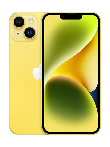 Close-up image of the iPhone 14 in elegant Yellow color, highlighting its smooth and stylish design. The phone is displayed at an angle, showcasing its glossy finish and the signature Apple logo on the back.