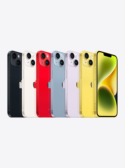 Image displaying all color options of the iPhone 14 lineup, including Midnight Black, Pearl White, Sky Blue, Sunset Orange, and Emerald Green. Each phone is arranged side by side, showcasing the variety of color choices available for the device.