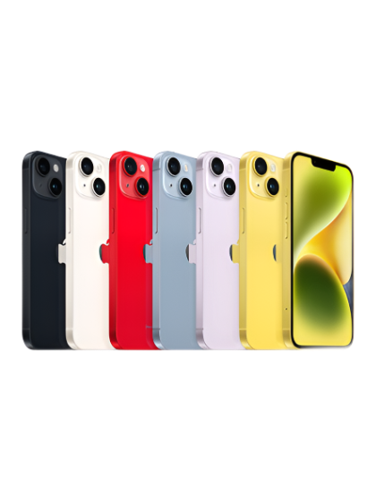 Image displaying all color options of the iPhone 14 Plus lineup, including Midnight Black, Pearl White, Sky Blue, Sunset Orange, and Emerald Green. Each phone is arranged side by side, showcasing the variety of color choices available for the device.