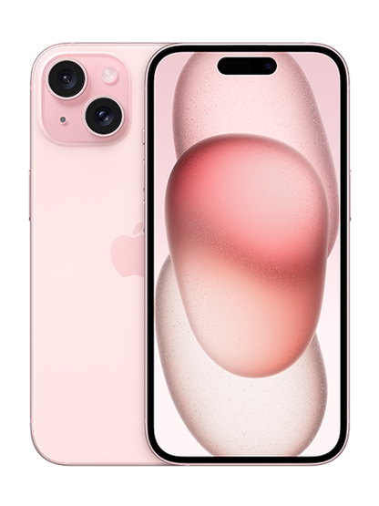 Close-up image of the iPhone 15 in stylish Pink color, showcasing its sleek design and vibrant hue. The phone is displayed at an angle, highlighting its glossy finish and the iconic Apple logo on the back.