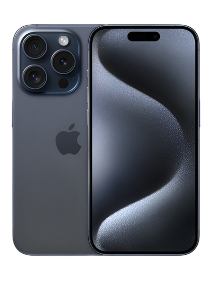 Close-up image of the iPhone 15 Pro Max in Black Titanium finish, showcasing its premium and elegant design. The phone is displayed at an angle, highlighting its sleek contours and the iconic Apple logo on the back.