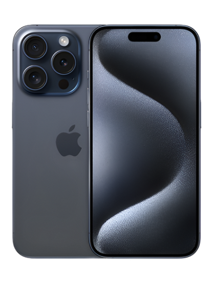 Close-up image of the iPhone 15 Pro Max in Black Titanium finish, showcasing its premium and elegant design. The phone is displayed at an angle, highlighting its sleek contours and the iconic Apple logo on the back.