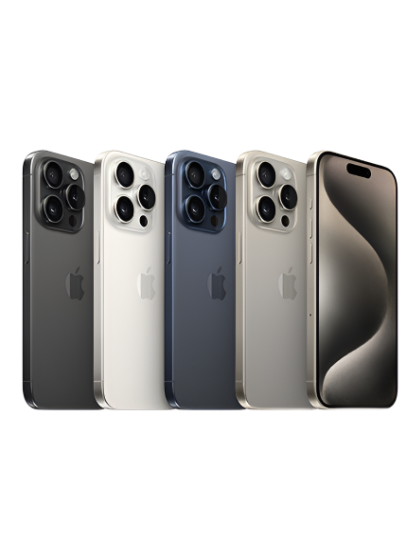 Image displaying the color options available for the iPhone 15 Pro Max, including Black, Silver, Gold, Graphite, and Pacific Blue. Each phone is shown individually, highlighting the variety of elegant finishes offered for the device.