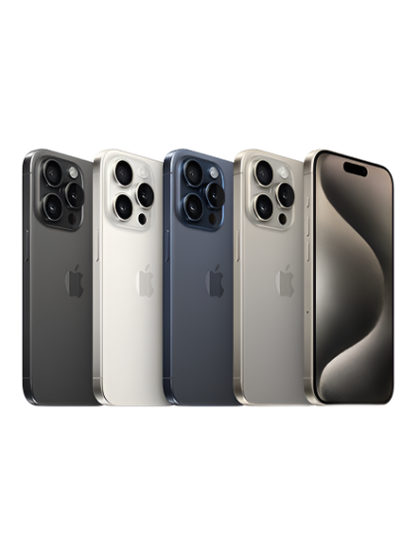 Image displaying the color options available for the iPhone 15 Pro Max, including Black, Silver, Gold, Graphite, and Pacific Blue. Each phone is shown individually, highlighting the variety of elegant finishes offered for the device.