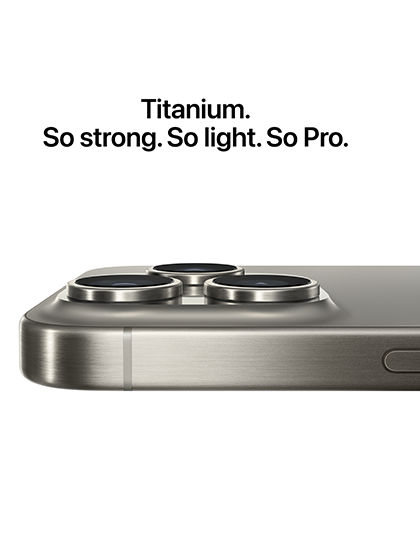 Close-up image of the titanium body of the iPhone 15 Pro Max, showcasing its premium and durable material. The phone is displayed at an angle, highlighting its sleek design and the iconic Apple logo on the back.