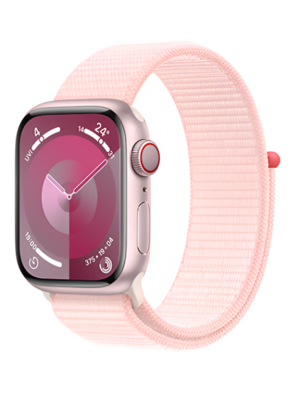 Front view image of the Apple Watch Series 9, showcasing its sleek design and vibrant display. The watch face displays customizable complications, providing easy access to essential information such as time, date, and activity tracking. The iconic Apple logo is visible on the display, emphasizing the brand identity.