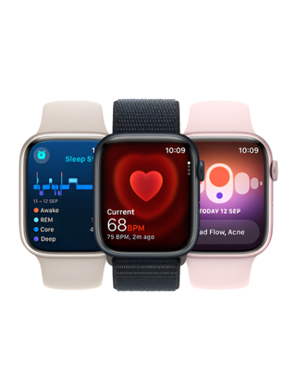 Image showcasing the features of the Apple Watch Series 9, including advanced health tracking, customizable watch faces, waterproof design, and seamless integration with other Apple devices. The image highlights the versatility and functionality of the watch for everyday use and fitness activities.